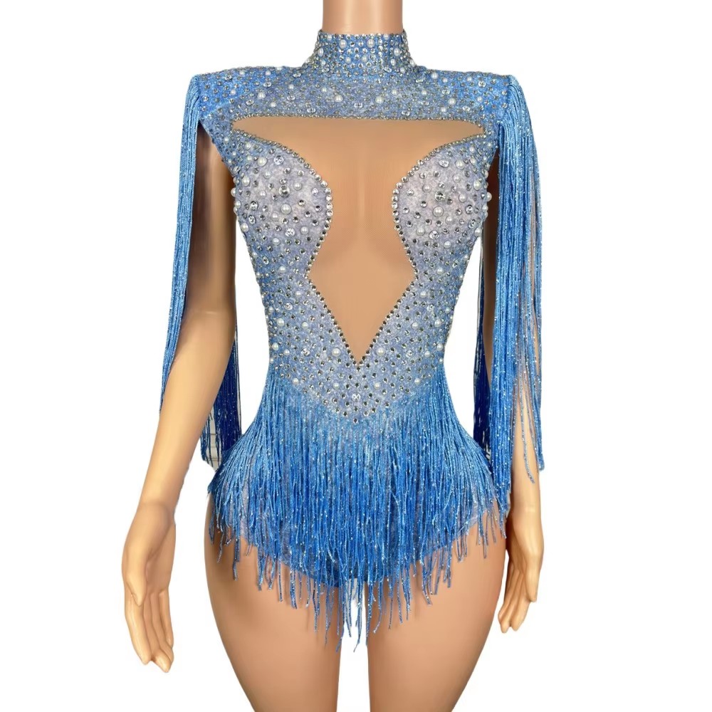 Blue Rhinestone Tassel Bodysui - Rhinestone Banding Trim recension och pris